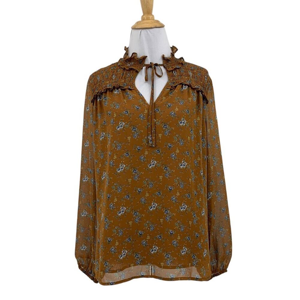Pleione Blouse Womens XS Extra Small Brown Blue Floral Smocked Tie Neck Lined